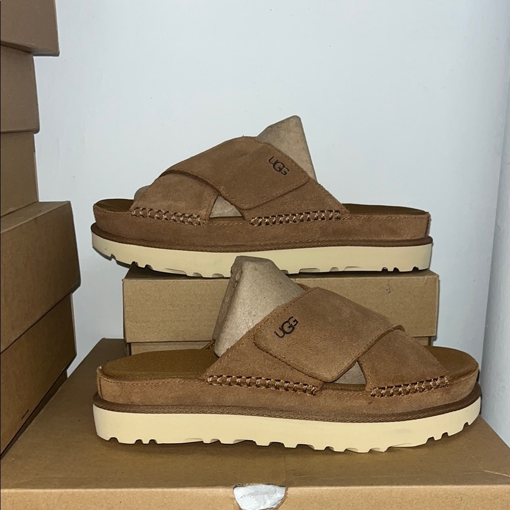 UGG Brown and Cream Suede Mules with Platform Sole (will fit size 8.5/9!)